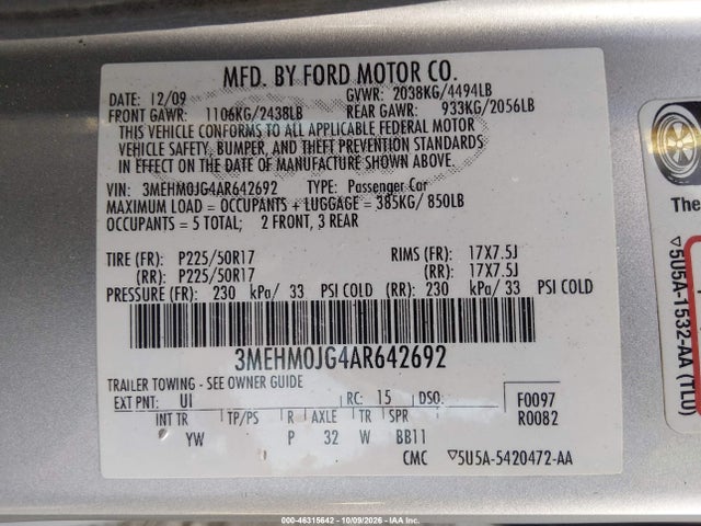 46315642 :رقم المزاد ، 3MEHM0JG4AR642692 vin ، 2010 Mercury Milan Premier مزاد بيع