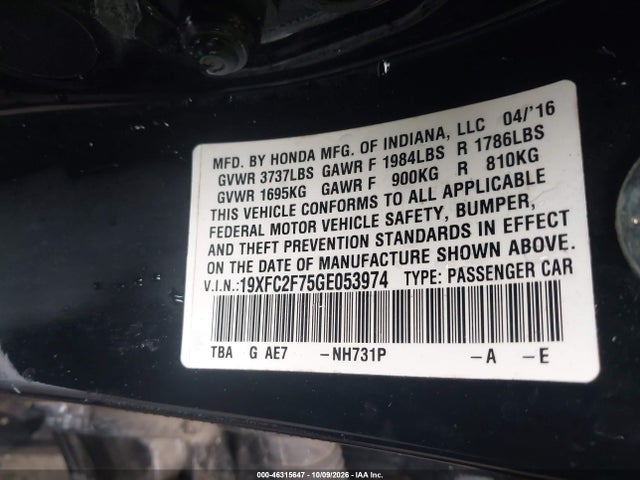 Aukcja sprzedaży 2016 Honda Civic Ex, vin: 19XFC2F75GE053974, numer aukcji: 46315647