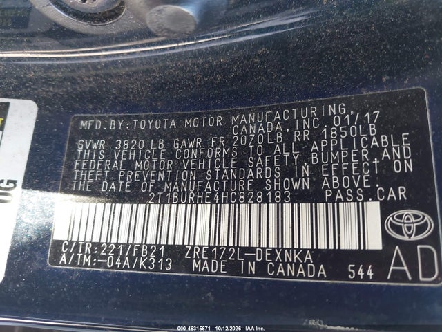 Auction sale of the 2017 Toyota Corolla Le, vin: 2T1BURHE4HC828183, lot number: 46315671