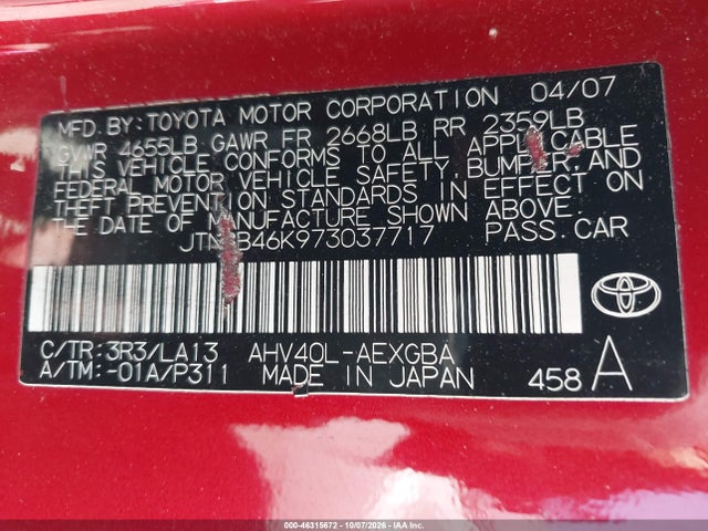 46315672 :رقم المزاد ، JTNBB46K973037717 vin ، 2007 Toyota Camry Hybrid مزاد بيع