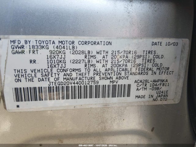 Продажа на аукционе авто 2004 Toyota Rav4, vin: JTEGD20V440012759, номер лота: 46315697