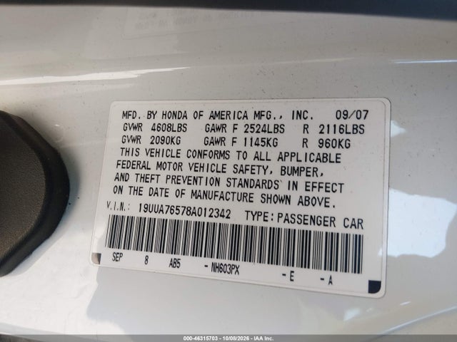 Aukcja sprzedaży 2008 Acura Tl Type S, vin: 19UUA76578A012342, numer aukcji: 46315703