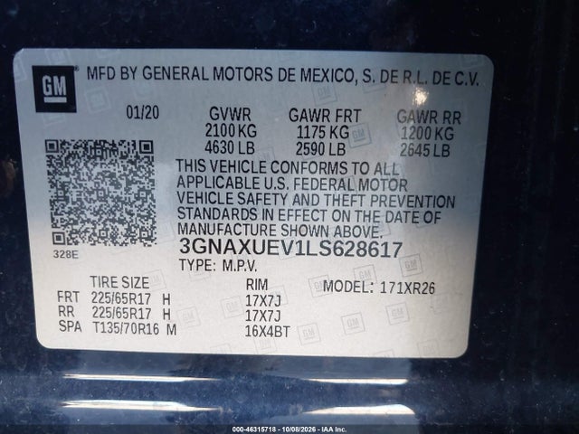 Aukcja sprzedaży 2020 Chevrolet Equinox Awd Lt 1.5l Turbo, vin: 3GNAXUEV1LS628617, numer aukcji: 46315718