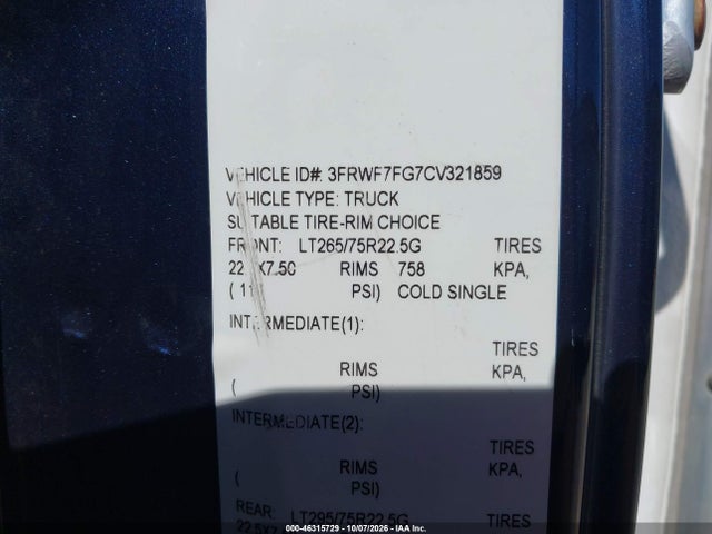 Продаж на аукціоні авто 2012 Ford F-750 Xl/xlt, vin: 3FRWF7FG7CV321859, номер лоту: 46315729