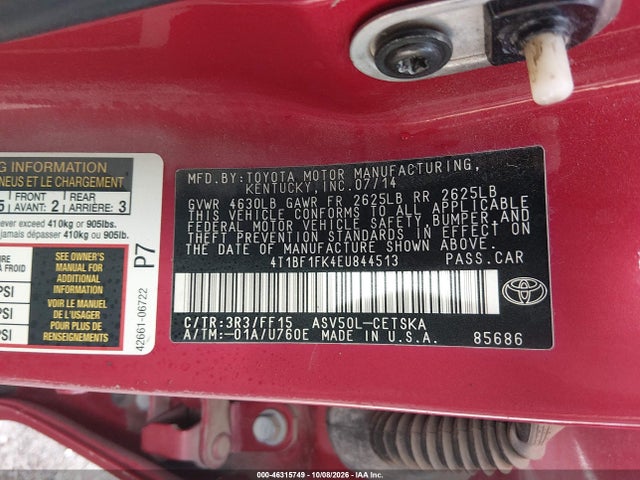 46315749 :رقم المزاد ، 4T1BF1FK4EU844513 vin ، 2014 Toyota Camry Se مزاد بيع