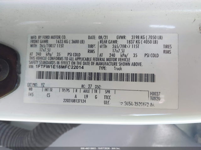 46315803 :رقم المزاد ، 1FTFW1E18MFC22014 vin ، 2021 Ford F-150 Xl مزاد بيع