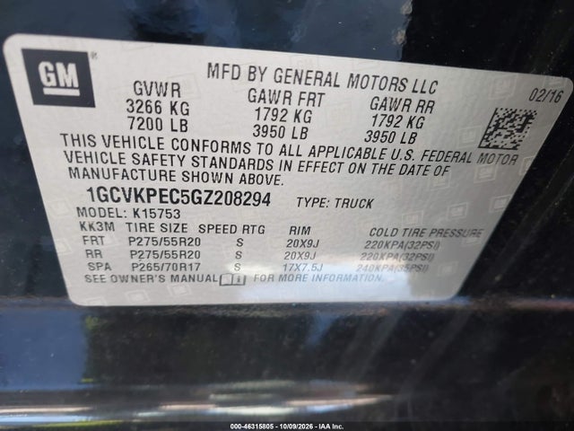 46315805 :رقم المزاد ، 1GCVKPEC5GZ208294 vin ، 2016 Chevrolet Silverado 1500 Custom مزاد بيع