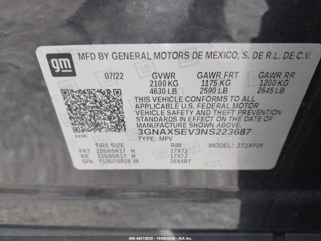 Aukcja sprzedaży 2022 Chevrolet Equinox Awd Ls, vin: 3GNAXSEV3NS223687, numer aukcji: 46315820