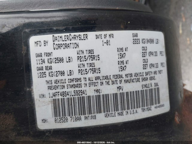 Продажа на аукционе авто 2001 Jeep Cherokee Sport, vin: 1J4FF48S41L592941, номер лота: 46315842