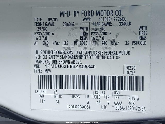 46315866 :رقم المزاد ، 1FMEU63E86ZA05340 vin ، 2006 Ford Explorer Xlt مزاد بيع