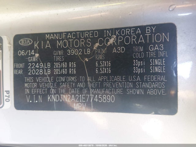 Auction sale of the 2014 Kia Soul, vin: KNDJN2A21E7745890, lot number: 46315879