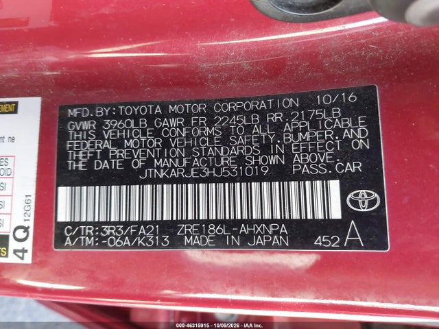 Aukcja sprzedaży 2017 Toyota Corolla Im, vin: JTNKARJE3HJ531019, numer aukcji: 46315915