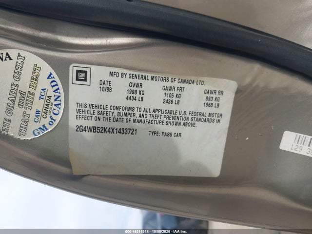 1999 Buick Regal Ls მანქანა იყიდება აუქციონზე, vin: 2G4WB52K4X1433721, აუქციონის ნომერი: 46315918