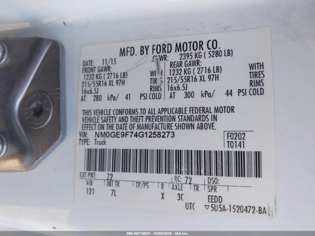 Продажа на аукционе авто 2016 Ford Transit Connect Xlt, vin: NM0GE9F74G1258273, номер лота: 46315923