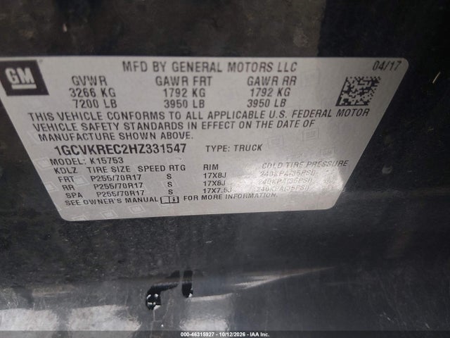 Aukcja sprzedaży 2017 Chevrolet Silverado 1500 1lt, vin: 1GCVKREC2HZ331547, numer aukcji: 46315927