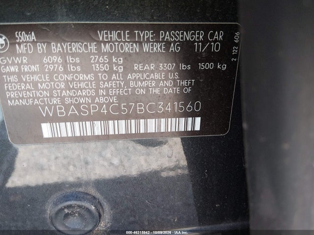 2011 Bmw 550i Gran Turismo Xdrive მანქანა იყიდება აუქციონზე, vin: WBASP4C57BC341560, აუქციონის ნომერი: 46315942