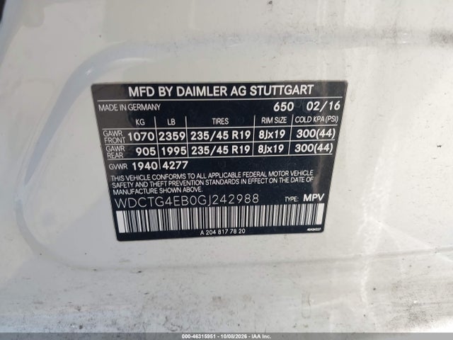 WDCTG4EB0GJ242988 Mercedes-Benz GLA 250