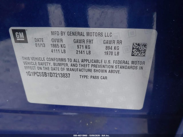 Продажа на аукционе авто 2013 Chevrolet Cruze 1lt Auto, vin: 1G1PC5SB1D7213837, номер лота: 46315960