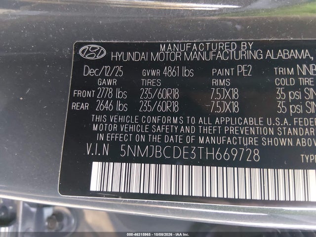 Продажа на аукционе авто 2026 Hyundai Tucson Sel, vin: 5NMJBCDE3TH669728, номер лота: 46315965