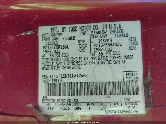 46315980 :رقم المزاد ، 1FTDF15N3LLA12642 vin ، 1990 Ford F150 مزاد بيع