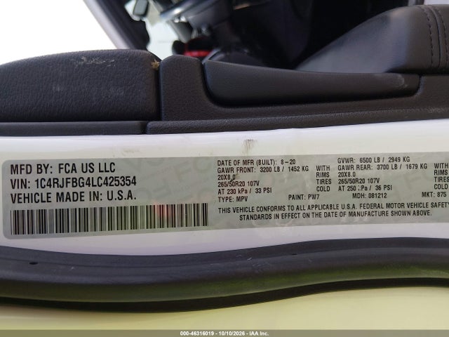 Продаж на аукціоні авто 2020 Jeep Grand Cherokee Limited X 4x4, vin: 1C4RJFBG4LC425354, номер лоту: 46316019