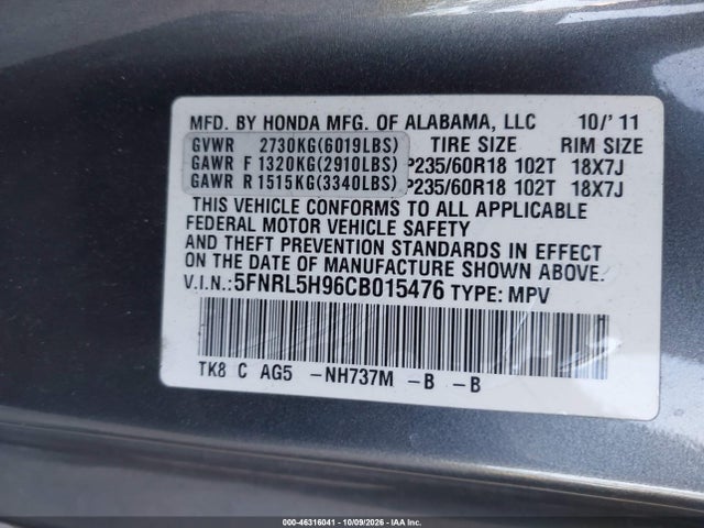 Aukcja sprzedaży 2012 Honda Odyssey Touring/touring Elite, vin: 5FNRL5H96CB015476, numer aukcji: 46316041