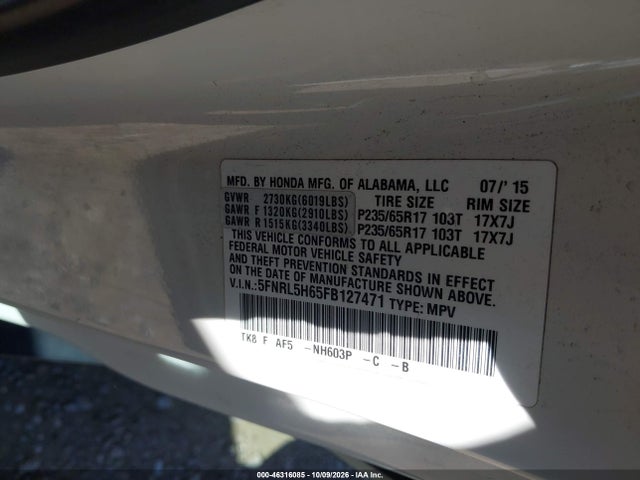 46316085 :رقم المزاد ، 5FNRL5H65FB127471 vin ، 2015 Honda Odyssey Ex-l مزاد بيع