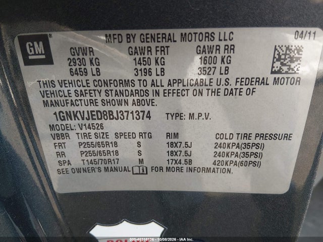 Aukcja sprzedaży 2011 Chevrolet Traverse 2lt, vin: 1GNKVJED8BJ371374, numer aukcji: 46316136