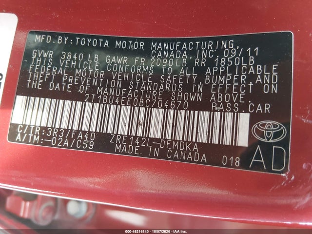 2011 Toyota Corolla მანქანა იყიდება აუქციონზე, vin: 2T1BU4EE0BC704670, აუქციონის ნომერი: 46316140