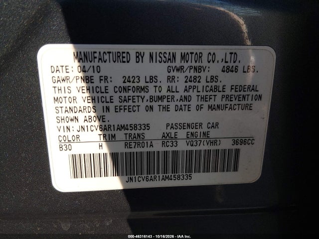 46316143 :رقم المزاد ، JN1CV6AR1AM458335 vin ، 2010 Infiniti G37x مزاد بيع