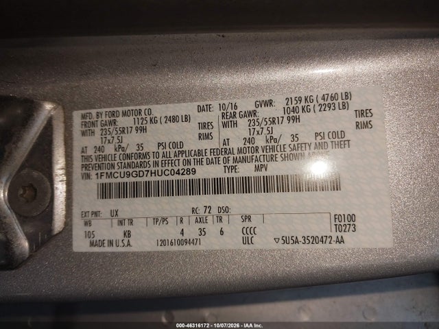 46316172 :رقم المزاد ، 1FMCU9GD7HUC04289 vin ، 2017 Ford Escape Se مزاد بيع