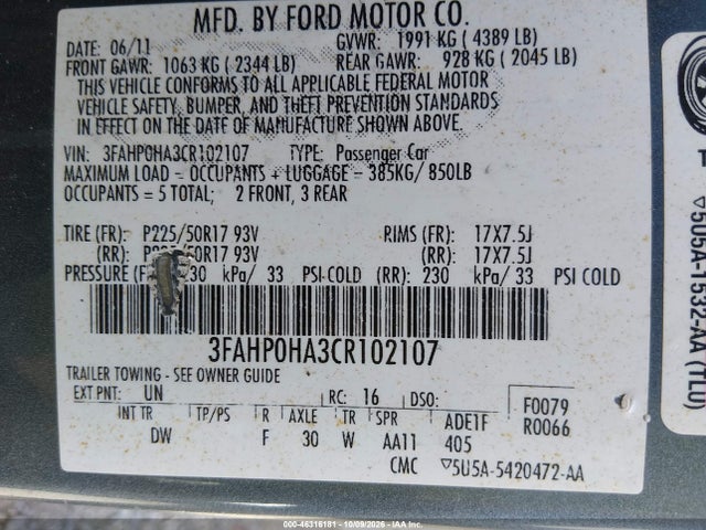 Aukcja sprzedaży 2012 Ford Fusion Se, vin: 3FAHP0HA3CR102107, numer aukcji: 46316181