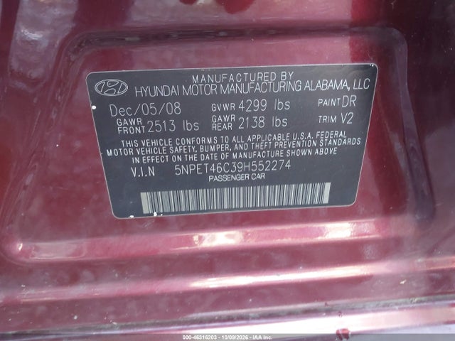 Aukcja sprzedaży 2009 Hyundai Sonata Gls, vin: 5NPET46C39H552274, numer aukcji: 46316203