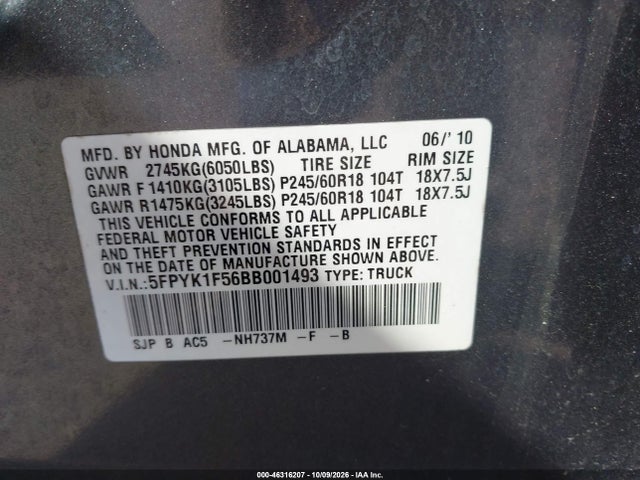 Aukcja sprzedaży 2011 Honda Ridgeline Rtl, vin: 5FPYK1F56BB001493, numer aukcji: 46316207