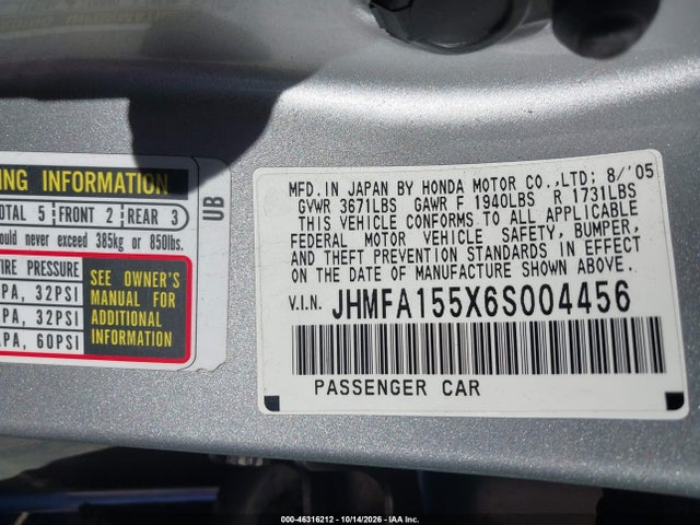 Продажа на аукционе авто 2006 Honda Civic Lx, vin: JHMFA155X6S004456, номер лота: 46316212