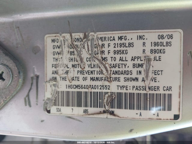 46316218 :رقم المزاد ، 1HGCM56407A012552 vin ، 2007 Honda Accord 2.4 Lx مزاد بيع