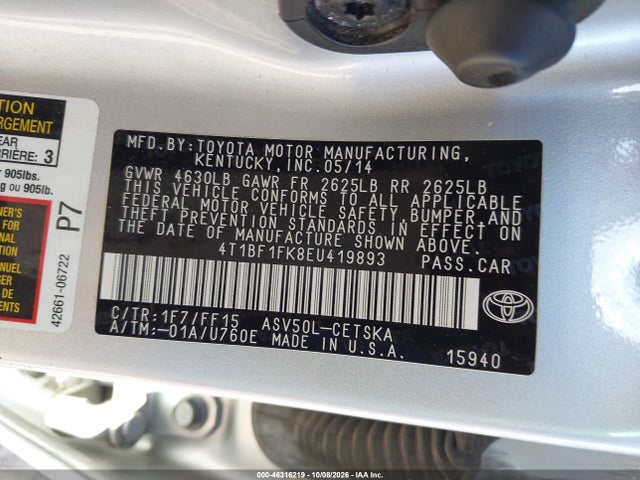 46316219 :رقم المزاد ، 4T1BF1FK8EU419893 vin ، 2014 Toyota Camry Se مزاد بيع