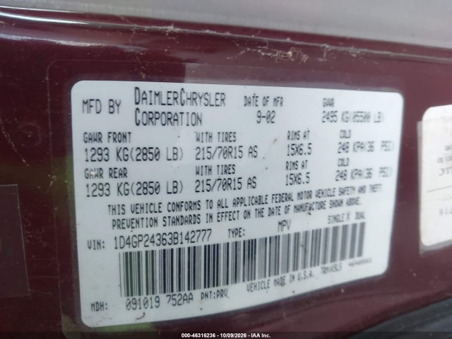 Продажа на аукционе авто 2003 Dodge Grand Caravan Se, vin: 1D4GP24363B142777, номер лота: 46316236