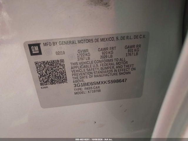 Aukcja sprzedaży 2019 Chevrolet Cruze Lt, vin: 3G1BE6SMXKS598647, numer aukcji: 46316251