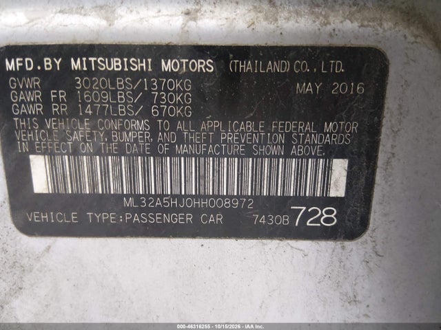 2017 Mitsubishi Mirage Gt მანქანა იყიდება აუქციონზე, vin: ML32A5HJ0HH008972, აუქციონის ნომერი: 46316255