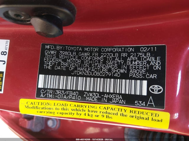 Aukcja sprzedaży 2011 Toyota Prius Two, vin: JTDKN3DU0B0279140, numer aukcji: 46316269