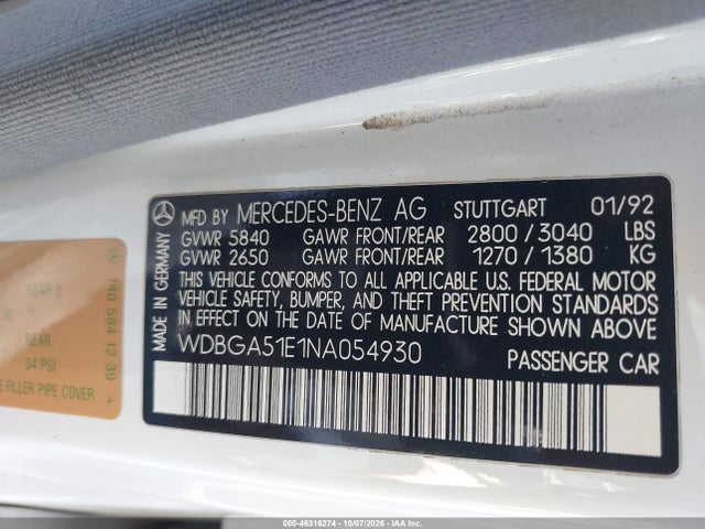 Продаж на аукціоні авто 1992 Mercedes-benz 500 Sel, vin: WDBGA51E1NA054930, номер лоту: 46316274