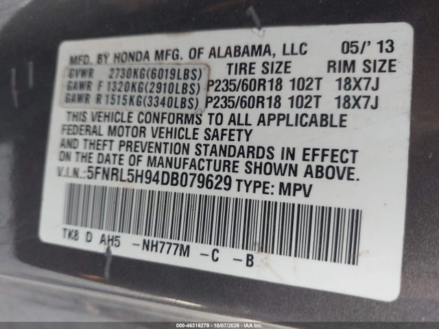 Auction sale of the 2013 Honda Odyssey Touring/touring Elite, vin: 5FNRL5H94DB079629, lot number: 46316279