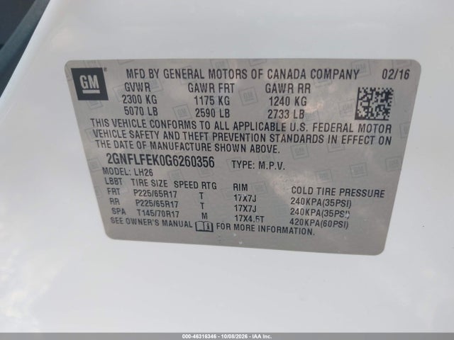 46316346 :رقم المزاد ، 2GNFLFEK0G6260356 vin ، 2016 Chevrolet Equinox Lt مزاد بيع