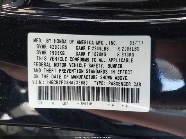 46316376 :رقم المزاد ، 1HGCR2F33HA233880 vin ، 2017 Honda Accord Lx مزاد بيع