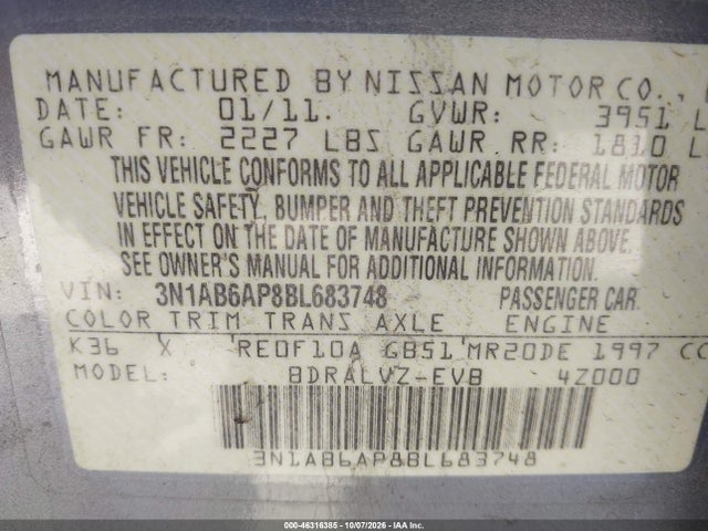 2011 Nissan Sentra 2.0sl მანქანა იყიდება აუქციონზე, vin: 3N1AB6AP8BL683748, აუქციონის ნომერი: 46316385