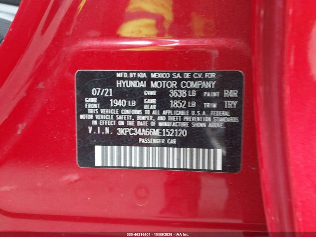 Aukcja sprzedaży 2021 Hyundai Accent Limited, vin: 3KPC34A66ME152120, numer aukcji: 46316401