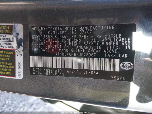 46316405 :رقم المزاد ، 4T1BB46K67U028967 vin ، 2007 Toyota Camry Hybrid مزاد بيع