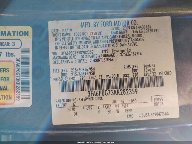 46316408 :رقم المزاد ، 3FA6P0G73KR282359 vin ، 2019 Ford Fusion S مزاد بيع