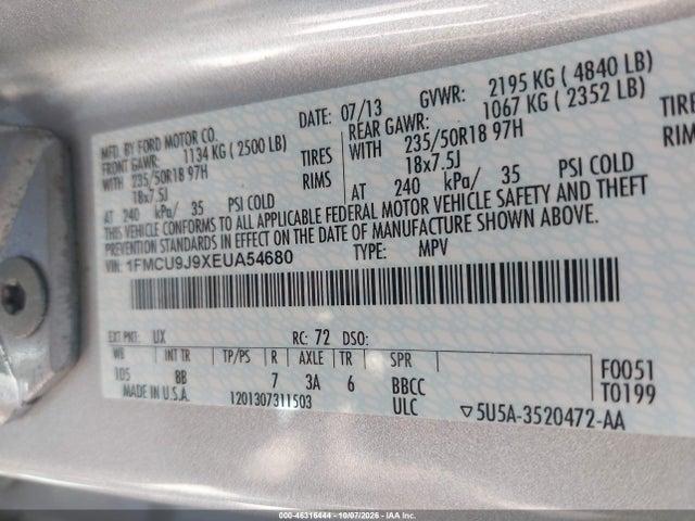 46316444 :رقم المزاد ، 1FMCU9J9XEUA54680 vin ، 2014 Ford Escape Titanium مزاد بيع